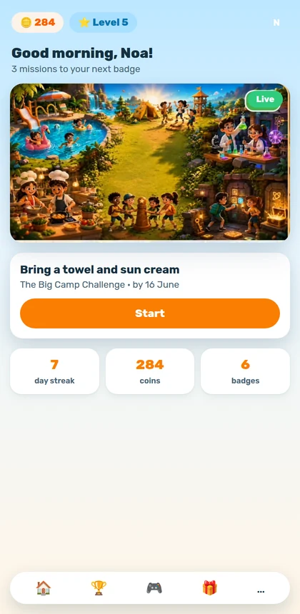 A teen's home screen in the Volunteen app: today's mission, coins, streak and badges